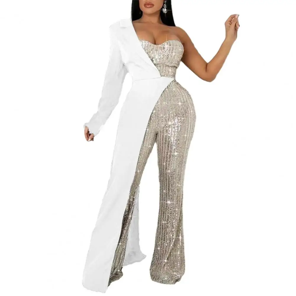 Women Sequin Jumpsuit Elegant One Shoulder Sequin Jumpsuit with Wide Leg Tight Waist for Prom Party or Special Occasion Women's