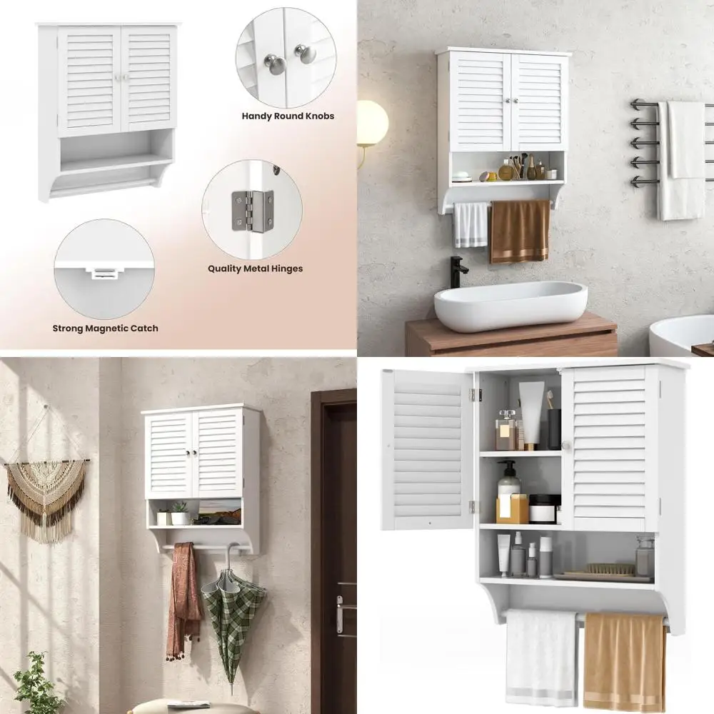 

Белый настенный шкаф для ванной комнаты с открытой полкой и перекладиной, двухдверный аптечный шкаф, регулируемый настенный шкаф для хранения B