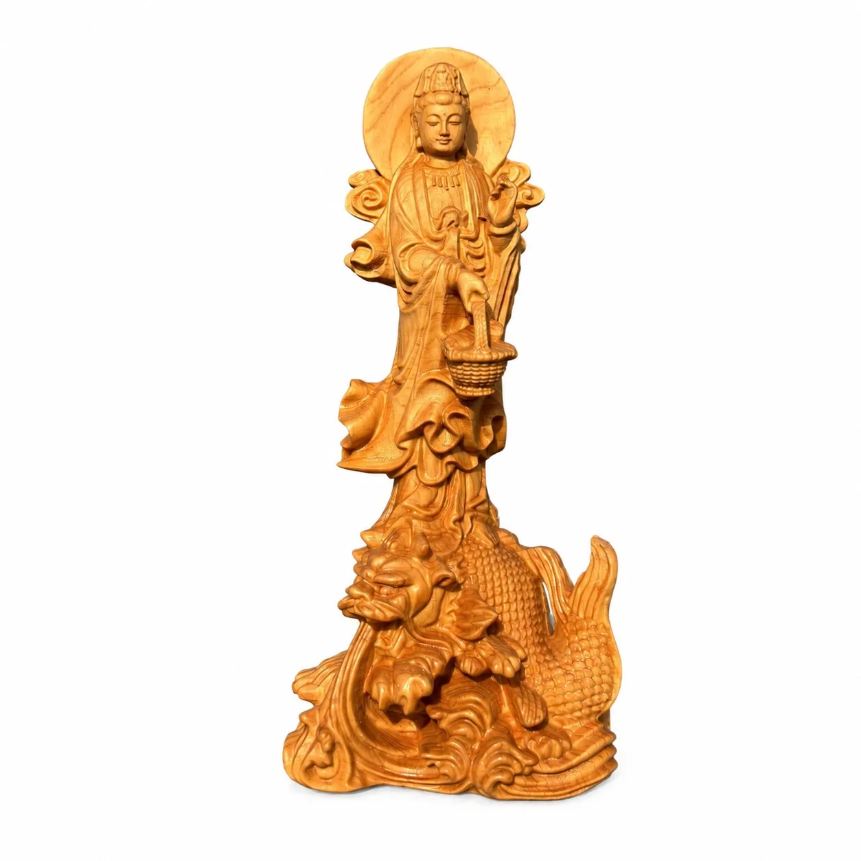 Hand Carved Hinoki Wood Ao Fish Guanyin Bodhisattva Statue for Traditional Chinese Buddhist Home Shrine Altar Decor Gift