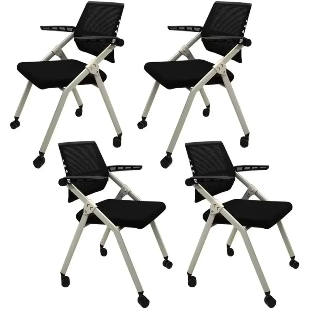 【4 Pack-with casters】 Folding Stackable Conference Room Chairs with Wheels,Ergonomic Folding Chairs for Meeting,Reception,Black