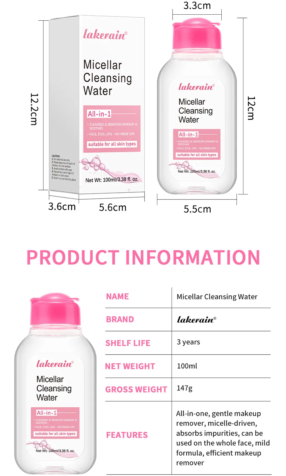 ماء تنظيف ليكراين ميسيلار، يزيل المكياج بلطفًا من الوجه والعينين والشفاه، تركيبة مهدئة بدون شطف #6