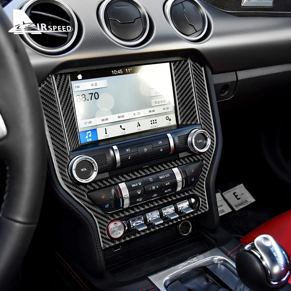 フォードマスタング2015, 2016, 2017, 2018, 2019, 2020, 2021, 2022に適した,コントロールパネル付きの本物のソフトカーボンファイバーコンソールステッカー