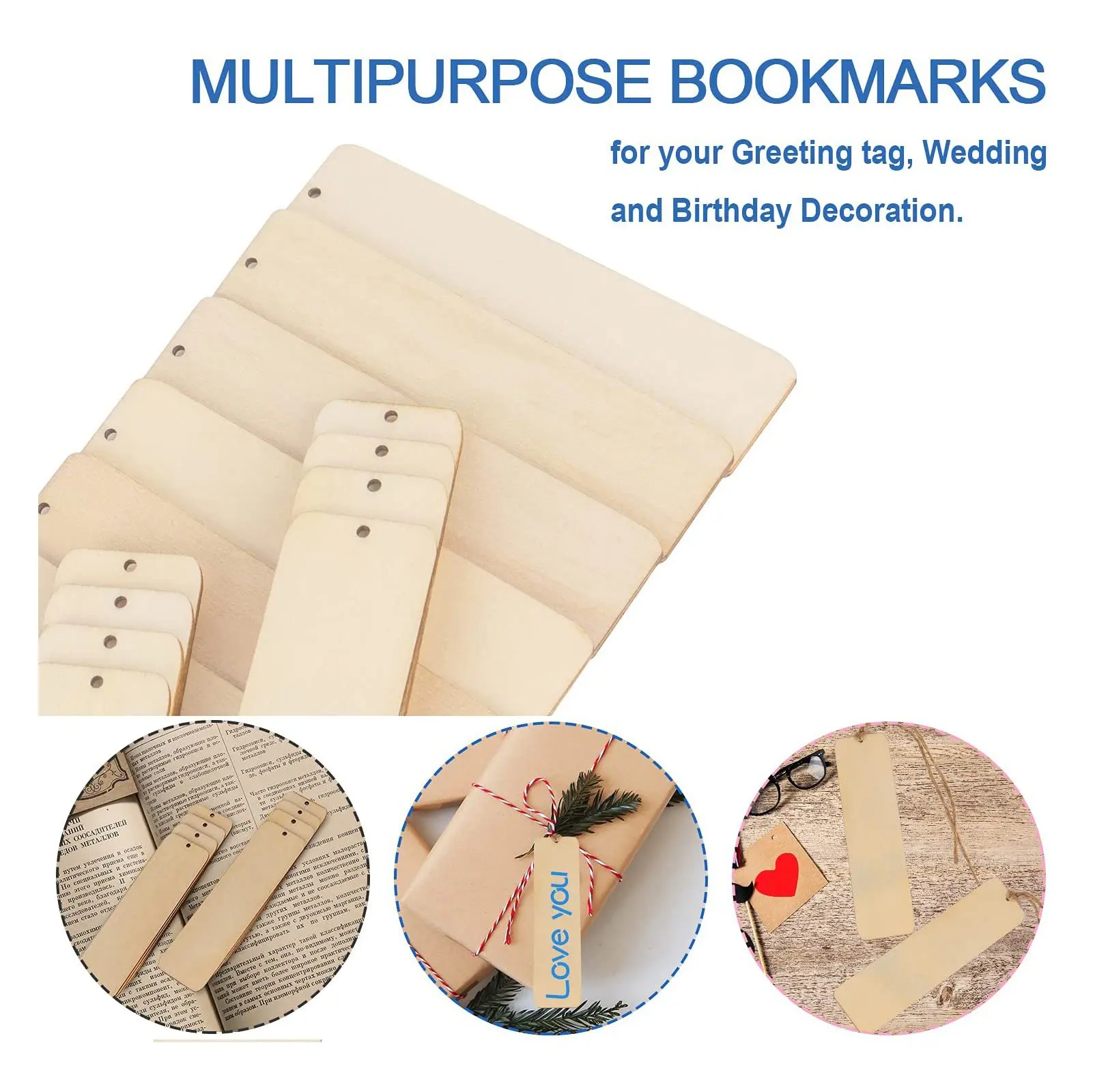 Marque-pages vierges en bois non finis avec trous et cordes, marque-pages, bricolage, projets d'artisanat, 50 pièces