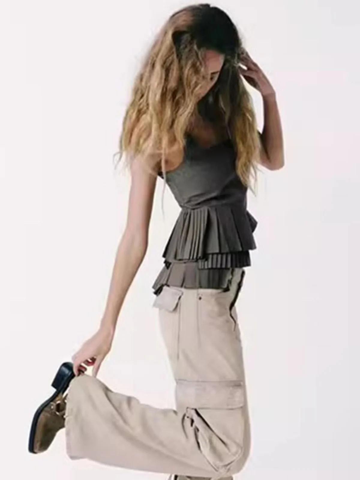 

Spring New Women's Faionable Layered Decorative Coat Fabric Top ort Sle Pure Color Versatile Strap Vest for Ladies