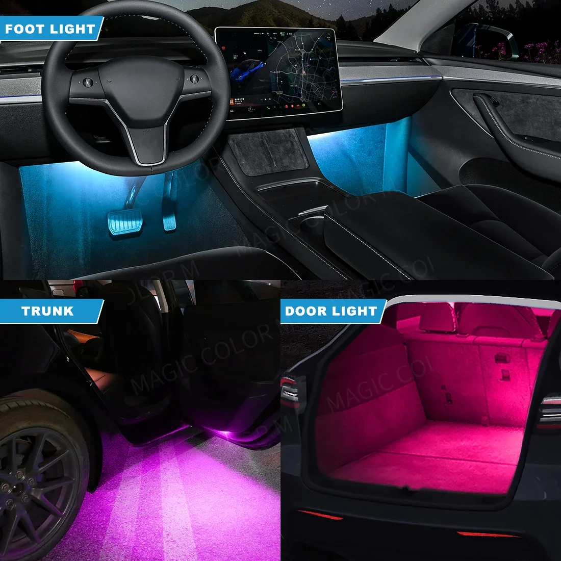 Dla Tesla Model 3 Y S X Oświetlenie przestrzeni na nogi LED RGB APP Atmosfera Wnętrze Podłoga Drzwi Puddle Bagażnik Lampy dekoracyjne Akcesoria