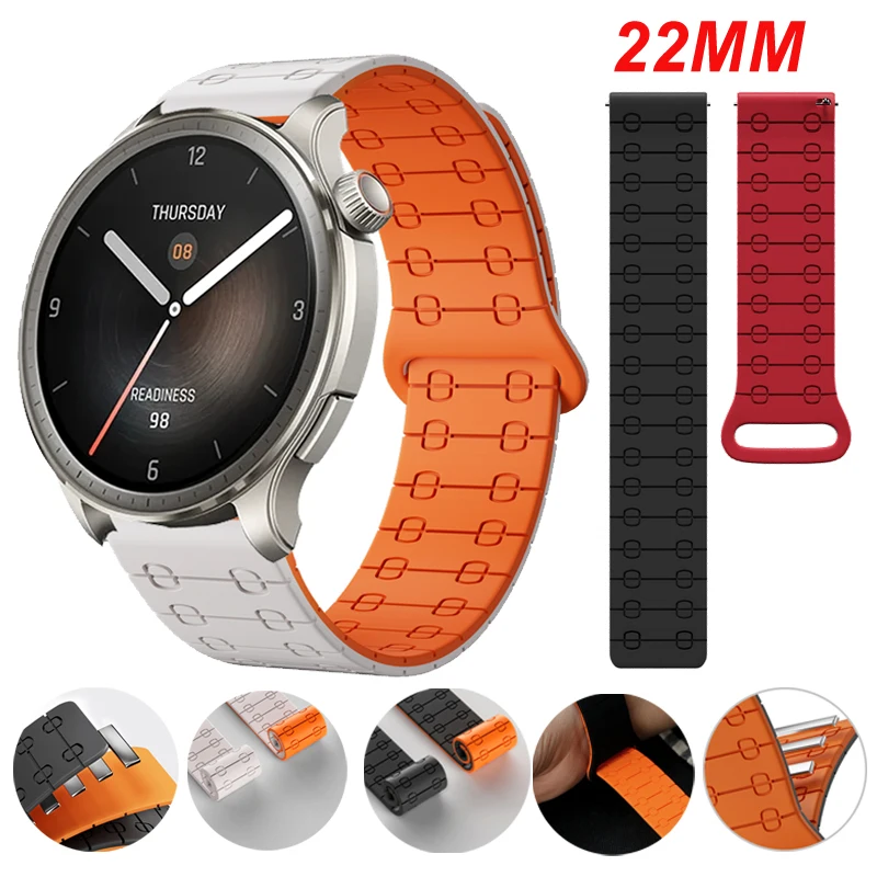 Магнитный силиконовый ремешок для Amazfit Balance/GTR 4 3 3Pro 2e 47 мм, браслет 22 мм, ремешок для Amazfit Bip 5 5 Unity Cheetah Round/Pro