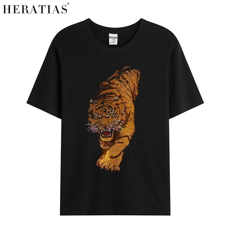 Hot high-quality men's summer short-sleeved hot diamond casual T-shirt laser shiny diamond mighty tiger T-shirt