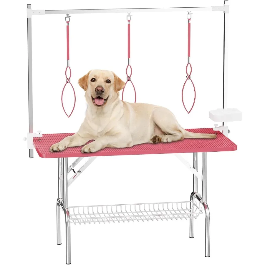 47'' Foldable Dog Grooming Table for Large Dogs at Home with Adjustable Arm and Clamp Non-Slip Waterproof Top Mesh Tray and Too