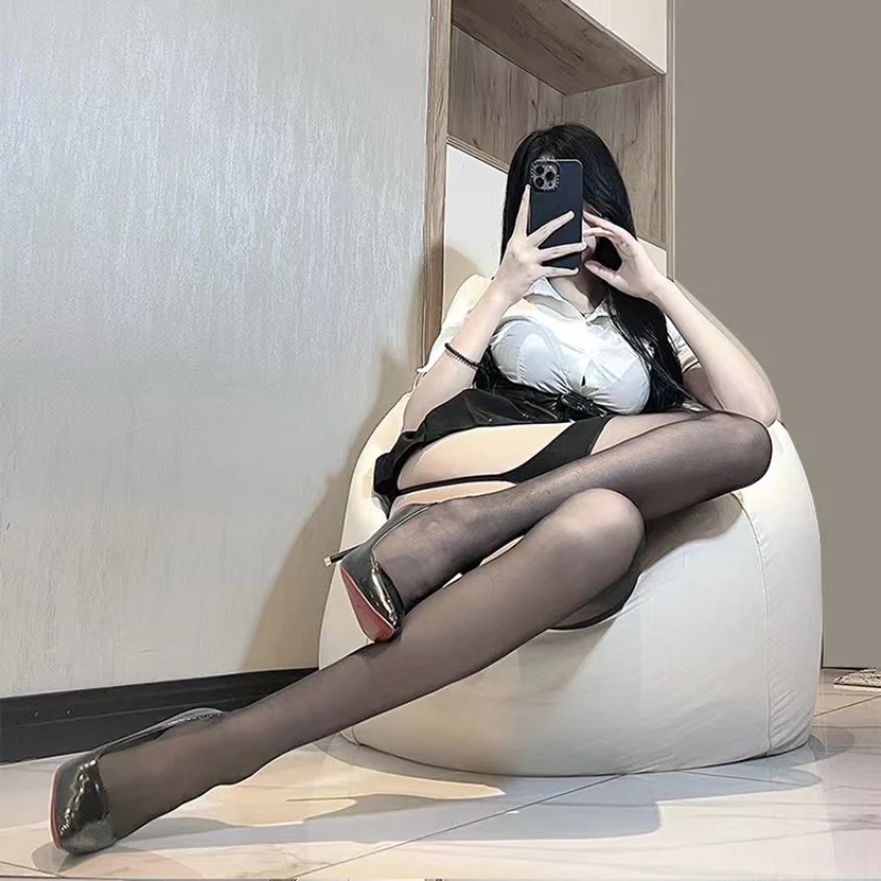 Femmes Sexy érotique Lingerie porte-jarretelles longs bas dame Ultra mince collants transparents noir cuisse haute Nylon bas