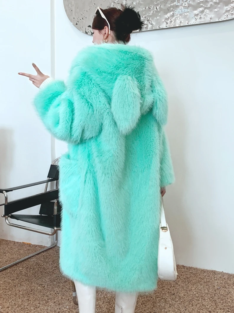 Female Mint Green Faux Fur Coat Long Loose Cute Bunny Ears Hooded Lady Shaggy Outerwear Women\'s Winter Coats Promotion