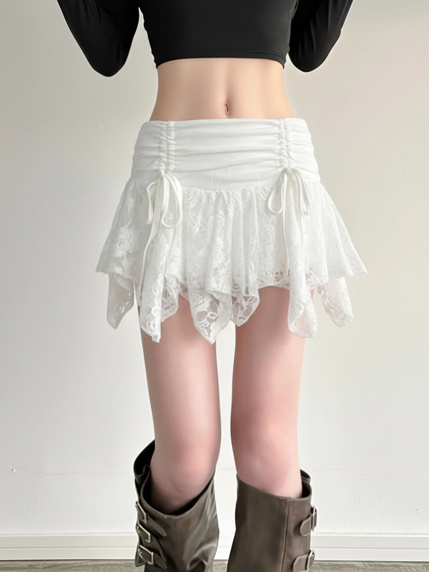 

Low Waist A-Line Skirt with Lace Patchwork Drawstring Street Style Short Skirt with Inner Teenage Girls' Skirt