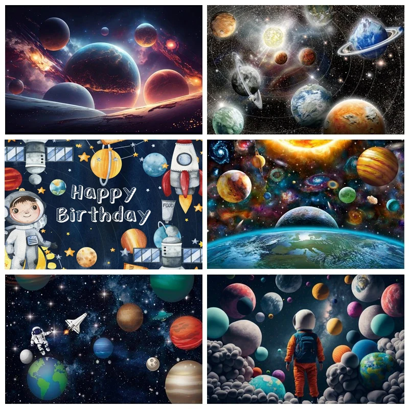 

Outer Space Happy Birthday Photography Background Custom Party Decor Astronaut Rocket Galaxy Planet Photo Kids Gift Baby Shower