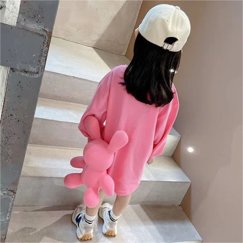 Autumn New Children's Fashion Shoulder Bag Dress Girls' Long Sleeve T-shirt Dress Mid Length Preschool Straight Loose Fit Dress