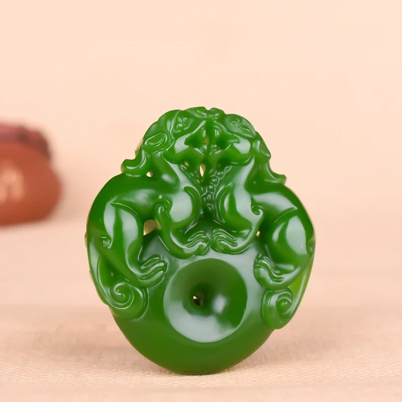 

Natural Hetian Green Jade Pixiu Safety Buckle Pendant Necklace Fashion Charm Jewelry Hand-Carved Amulet Gifts for Men Women