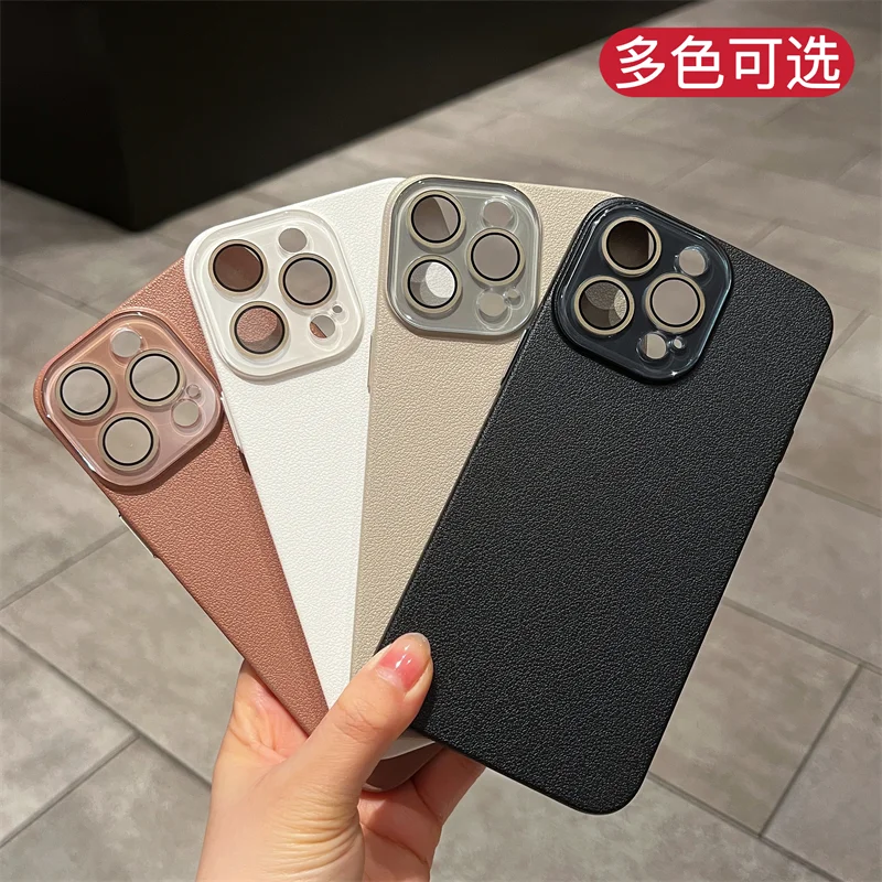 Lychee leather pattern crystal lens iPhone15 case full cover iPhone14promax simple iPhone13 solid colour iPhone12 case