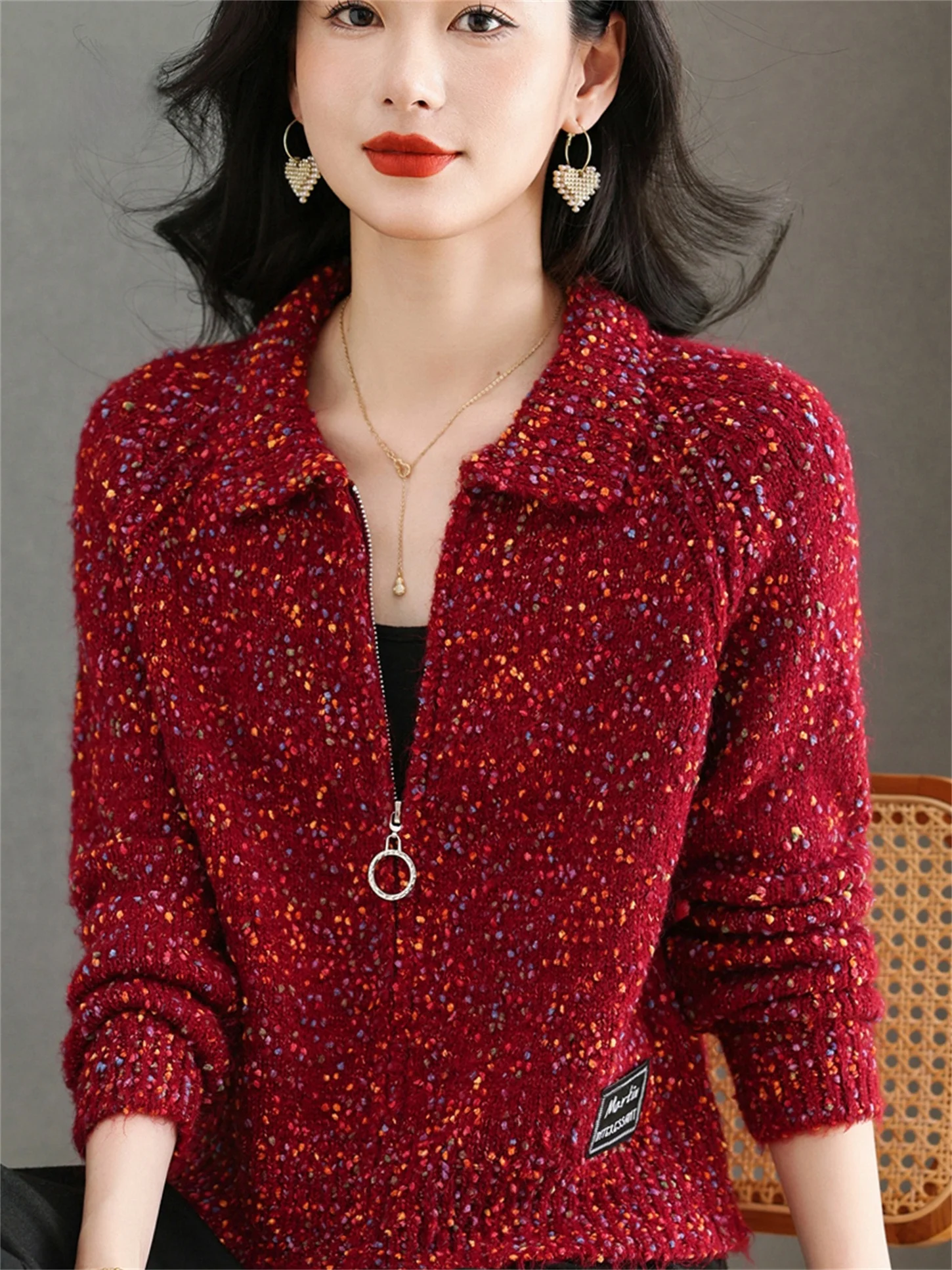 

Faionable Knitted Open Cardigan Loose Base Layer irt for Middle-Aged Women Spring Autumn New Sle round Ne Zipper Design