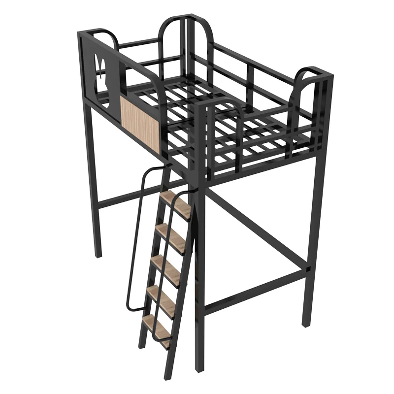 

Children's wrought iron loft bed saves space and has a single upper floor, a modern and simple small household apartment