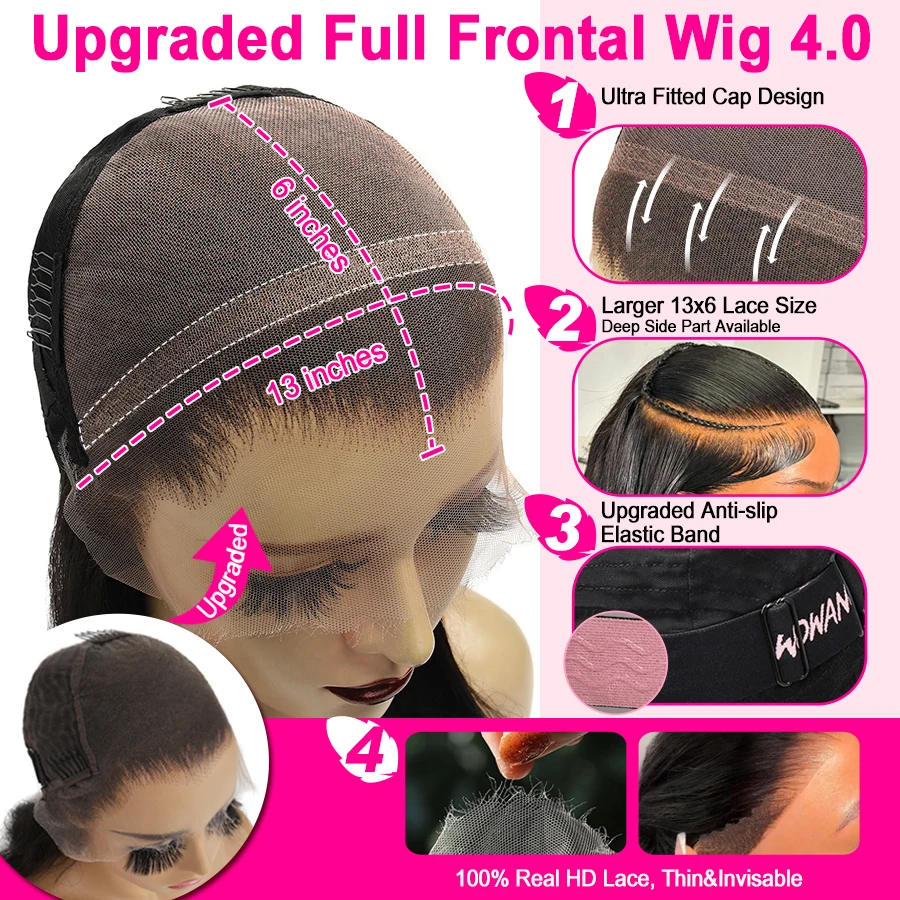 WowAngel 250% 13x6 HD parrucche frontali piene in pizzo 34in parrucche diritte per capelli umani tutte le pelli capelli brasiliani Pre pizzicati sciolti per le donne