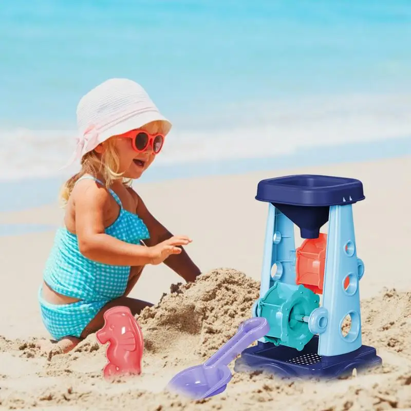 Set di giocattoli a clessidra da spiaggia per bambini, ruota di sabbia per esterni, giocattoli da spiaggia, rastrello a forcella, set di stampi a 2 forme per bambini, regalo estivo da spiaggia