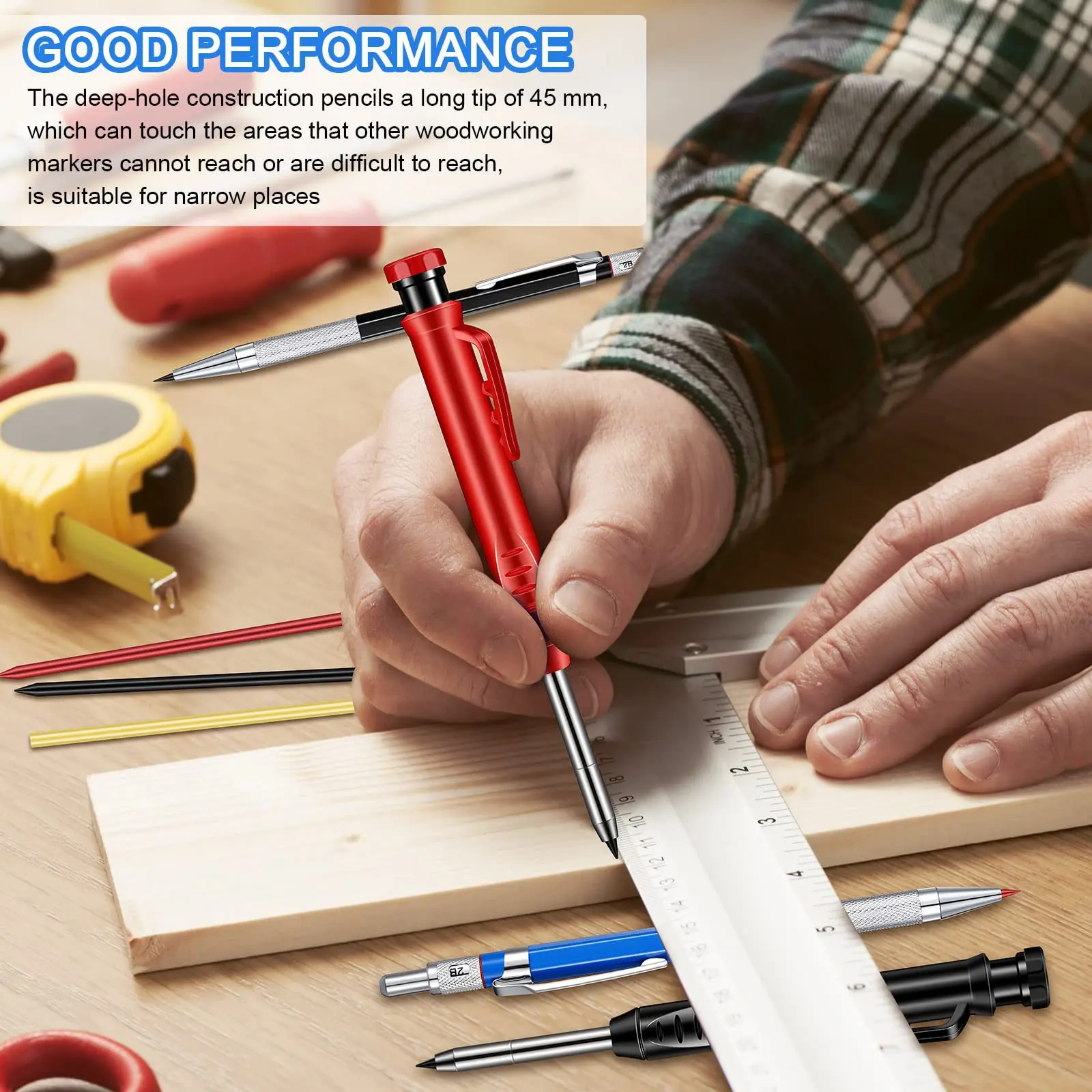 Mechanical Carpenter Pencil Set 2pcs Engineering 2.0 Pen Deep Hole Marking 4 Boxes Refills Woodworking