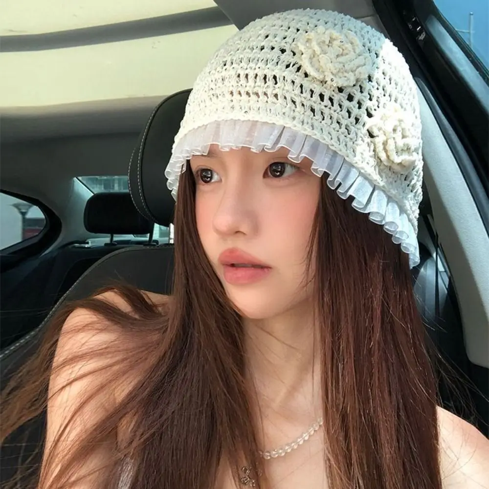 Милая вязаная крючком шапка с цветком ручной работы, блестящая кружевная шапка-бини, ажурная тонкая вязаная шапка с блестками, уличная