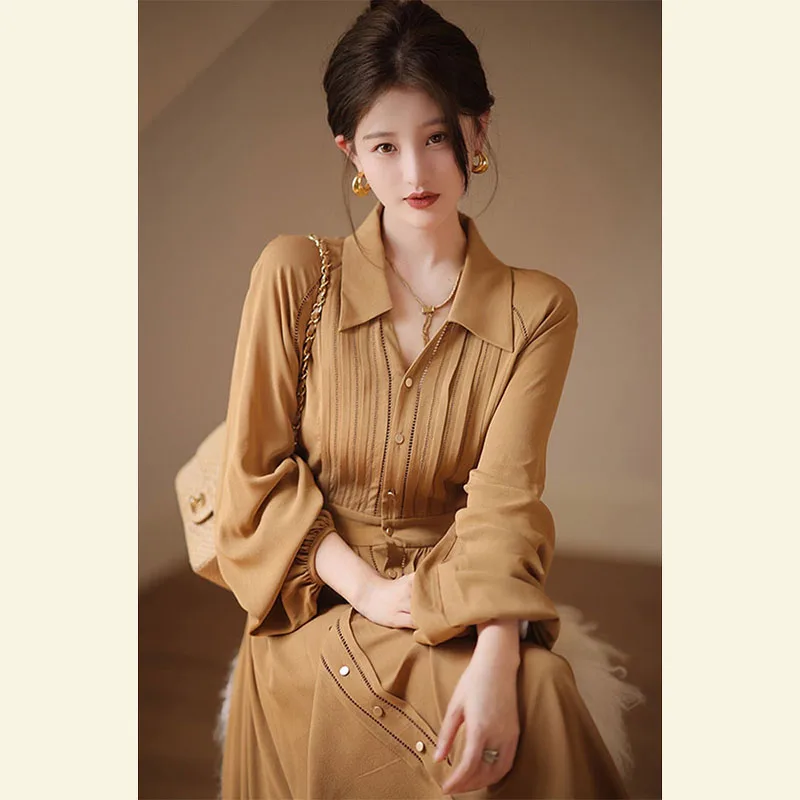 Ele cintura alta irt dr lanterna sve único beau outono chá break faion francês sle solto ajuste primavera casual