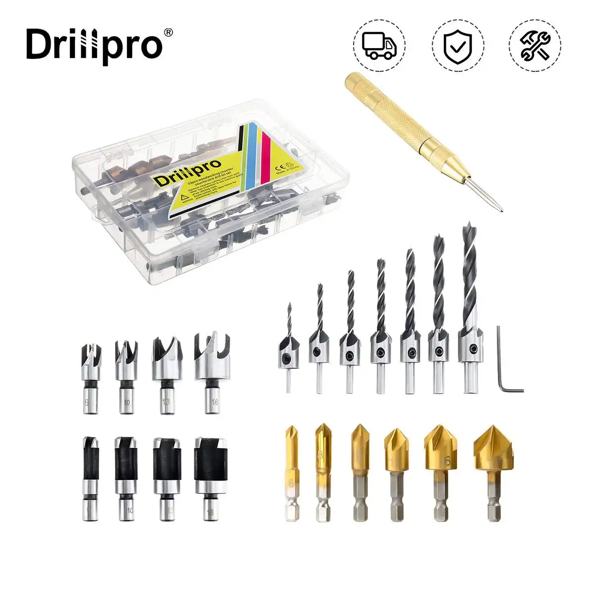 Drillpro 23pcs Woodworking Countersunk Head Drill And Chamfering One Piece Hexagonal Handle Countersunk Fried Dough Twist Drill