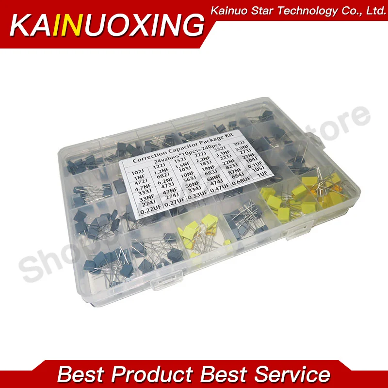 240Pcs Correction Capacitor Assorted Kit 24Values x 10Pcs 63V-100V 102J-105J Polypropylene Safety Plastic Film Capacitors