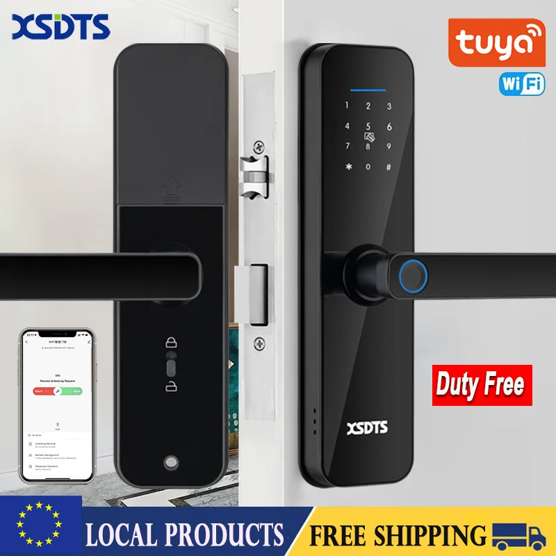 Tuya Wifi Electronic Smart Door Lock With Biometric Fingerprint Card Password Key Unlock USB Emergency Charge EU Poland shipment