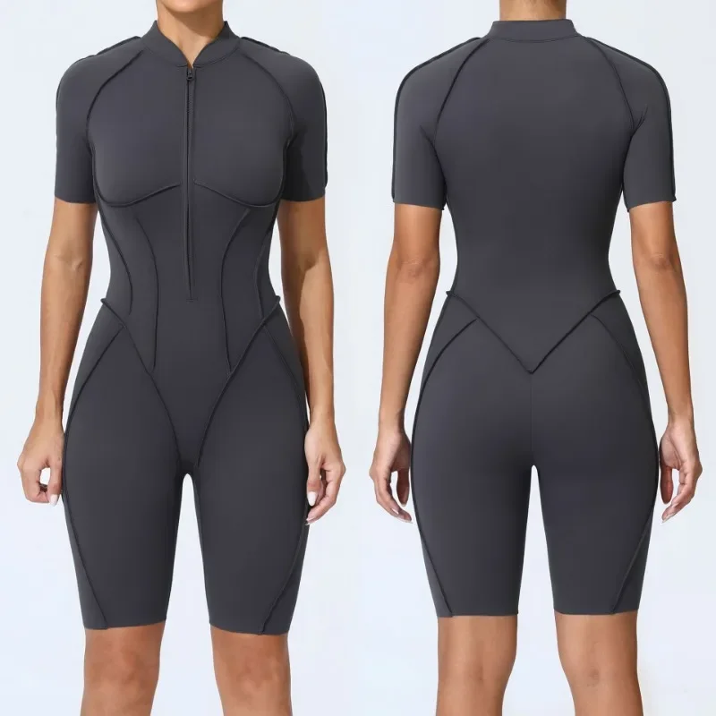 

Zipper Short-sleeved Yoga Sports Fitness Jumpsuits Sets Without Chest Pad Tight Bodysuits Shorts Gym Workout Clothes for Women