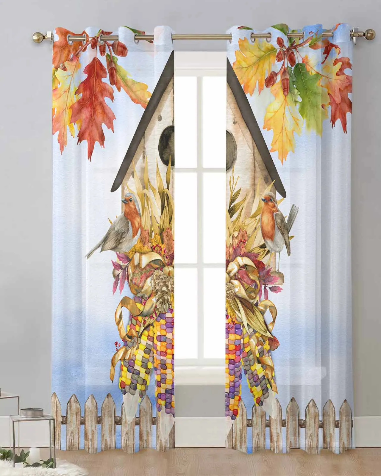 Autumn Bird House Maple Leaf Colored Corn Wood Fence Tulle Curtains Voile Drapes Sheer Window Curtains Bedroom Accessories