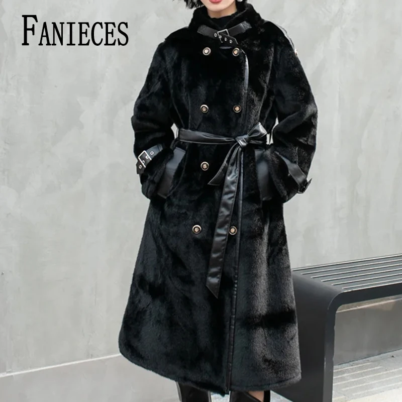 

Новая зимняя женская толстая теплая длинная куртка с подкладкой из натурального кроличьего меха, пальто с воротником из овечьего меха, модная облегающая верхняя одежда с поясом, пальто