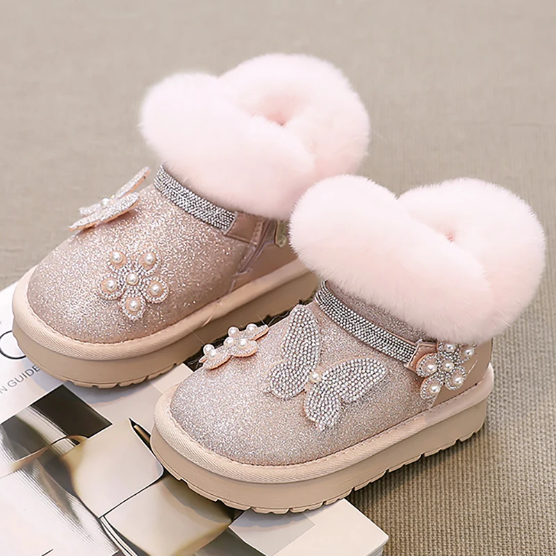 

Winter Snow Boots For Girls Korean Style Princess Plush Boots Rhinestone Luxury Teenager Girl's Padded Cotton Shoes Warm Boots