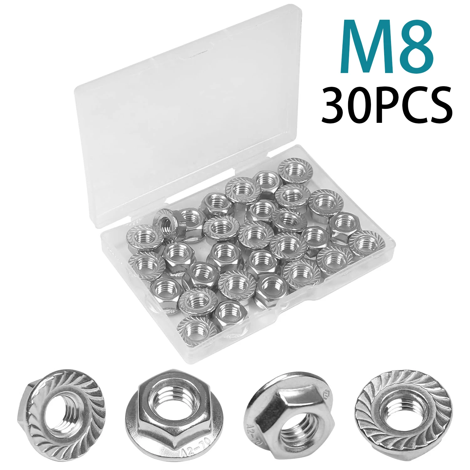 

30 pieces of M8x1.25 mm serrated flange hexagonal nuts, 304 stainless steel, metric hexagonal locking nuts, full thread