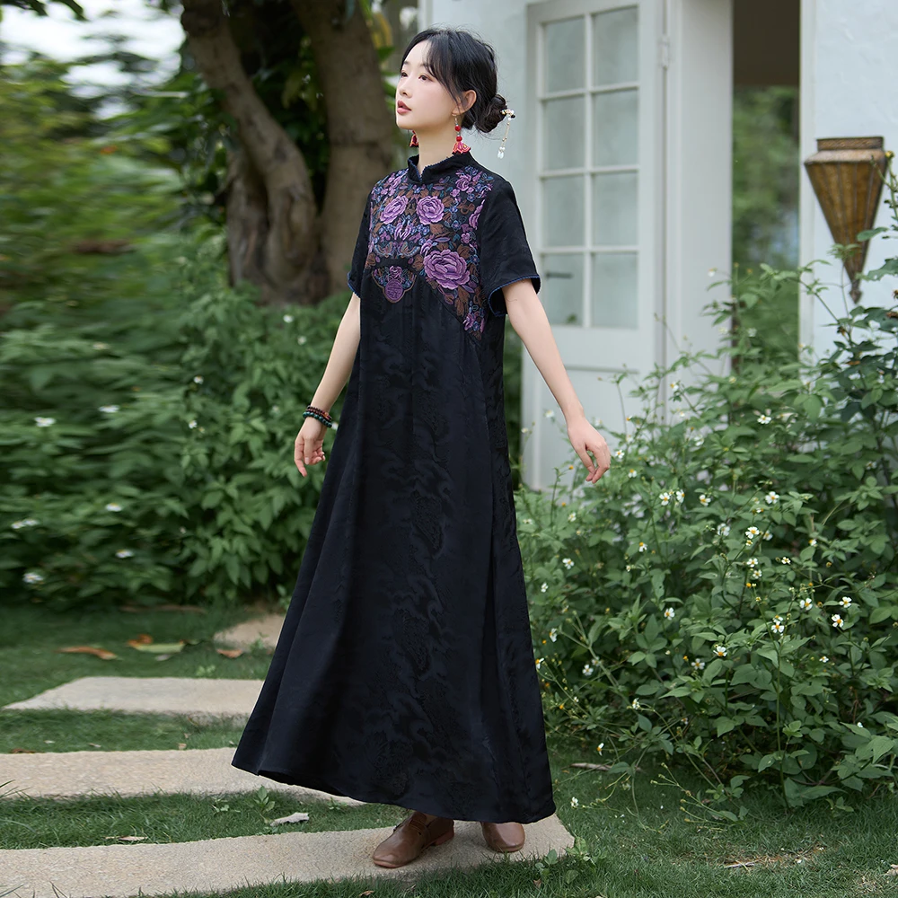 Retro étnico sle solto robe cetim bordado ort sve longo dr cintura alta a linha verão chinês faion tendência dr