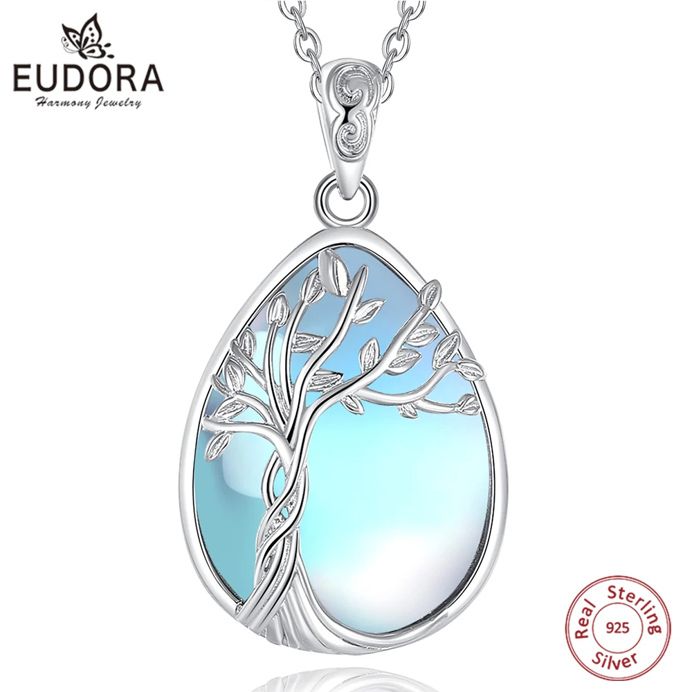 

Eudora Original 925 Sterling Silver Tree of Life Necklace for Women Man Temperament Moonstone Charm Pendant Silver Jewelry Gift