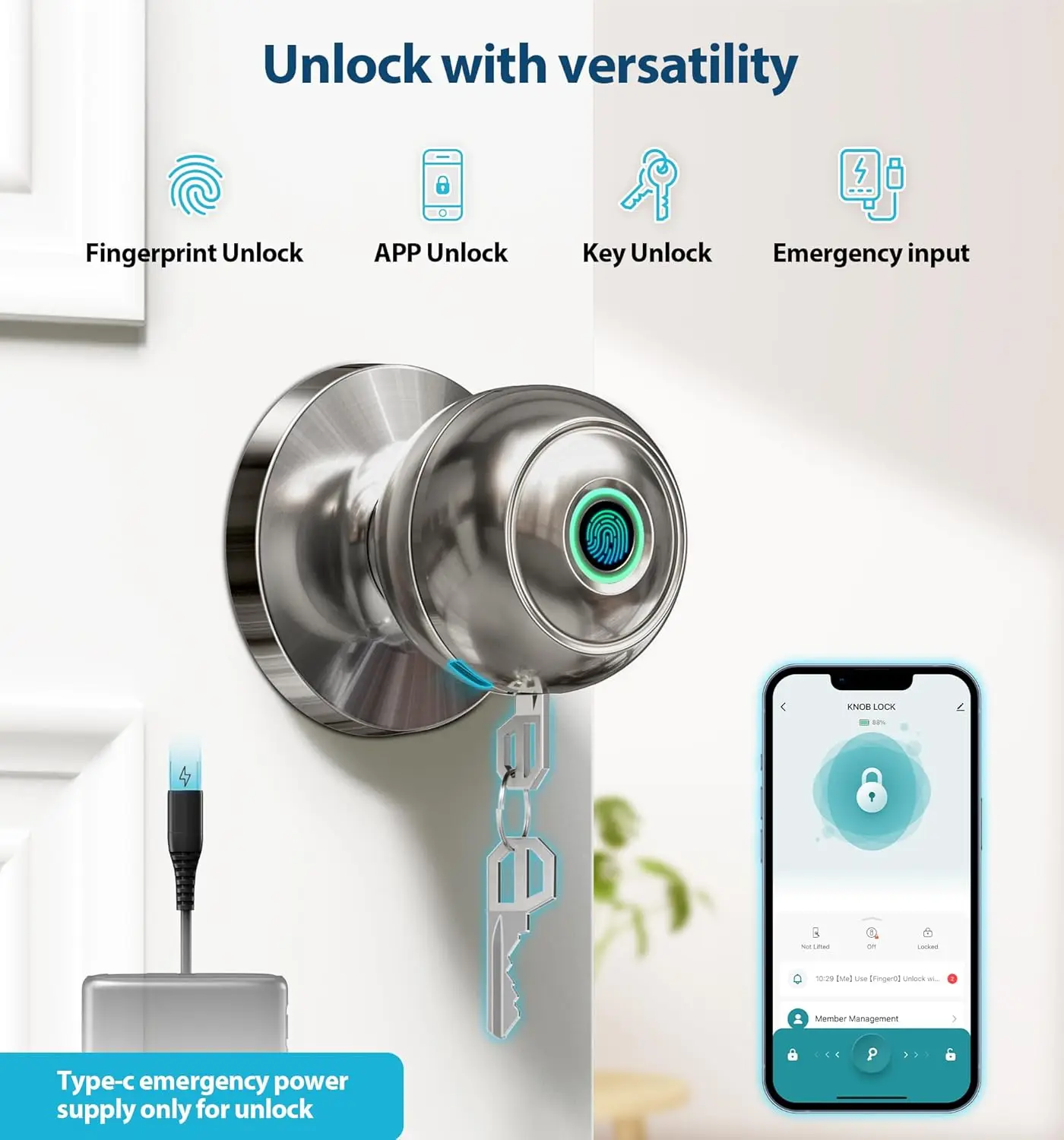 Fingerprint Door Lock, Smart Door Knob with App Control, Biometric Smart Lock for Bedroom Door, Auto Lock, Great