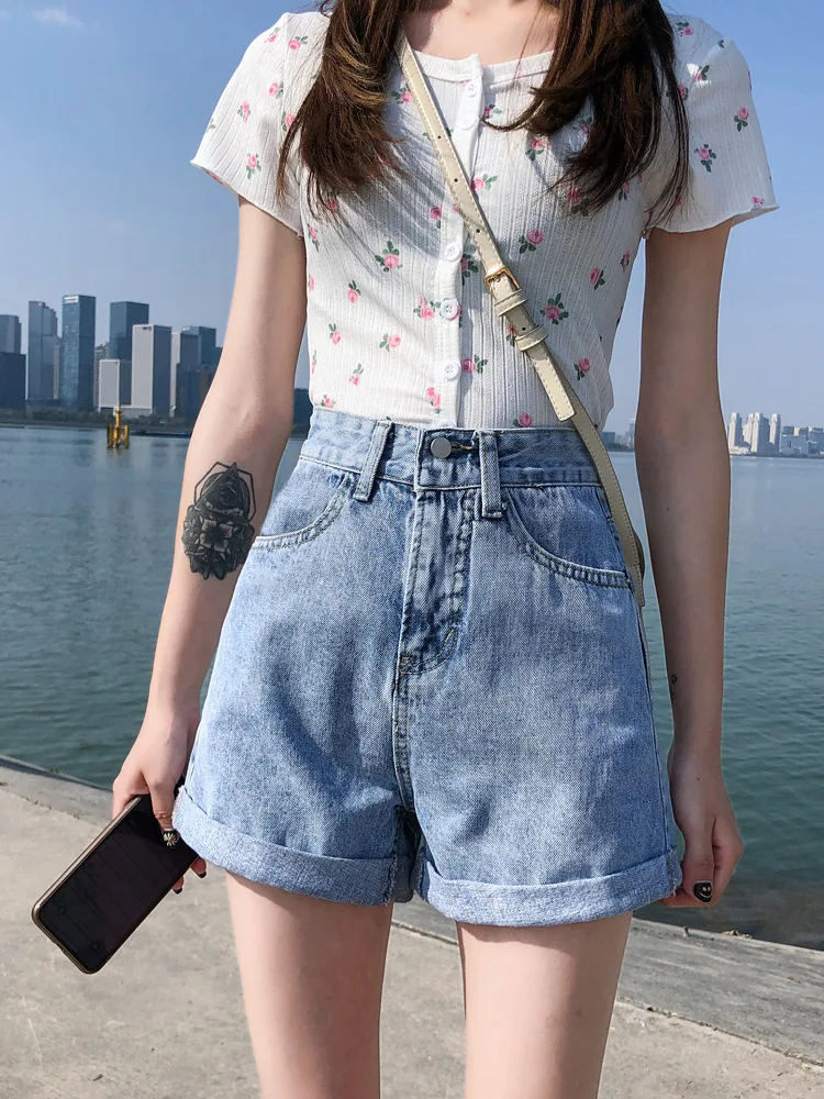 Summer 2023 Women's High Waist Denim orts Casual Wide Leg Hot Pants Deep Blue Color ort Length Jeans orts for Young Ladies