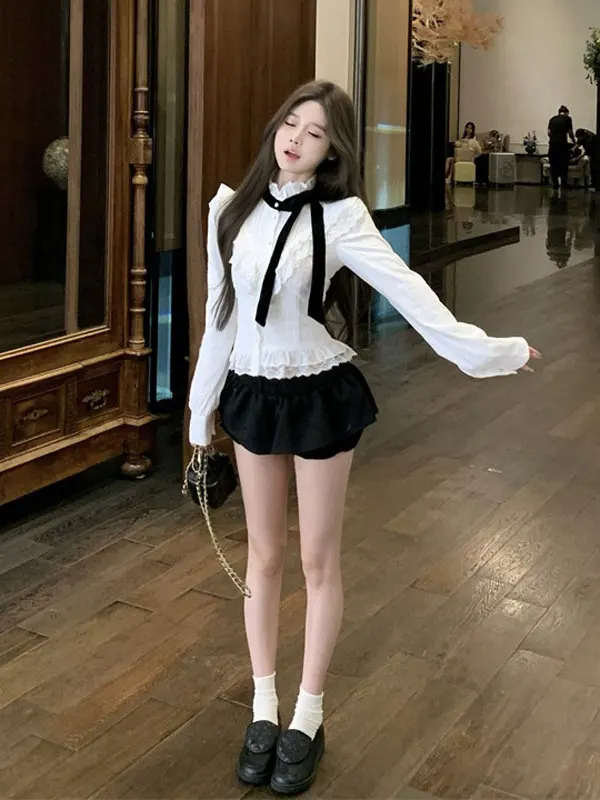 

Slim Fit Lace Shirt French Style Long Sleeve Button up Top for Women Fashionable Spring 2026 Runway Design Casual Office Wear