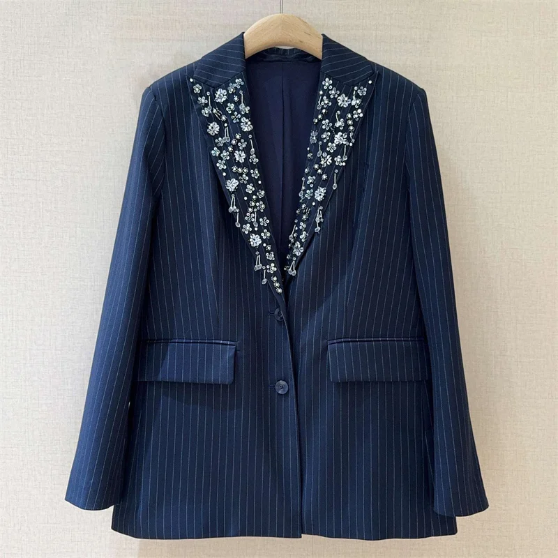 

Women's jacket New shiny rhinestone decorated long sleeved top for autumn 2025 Single breasted slim striped suit jacket y2k coat