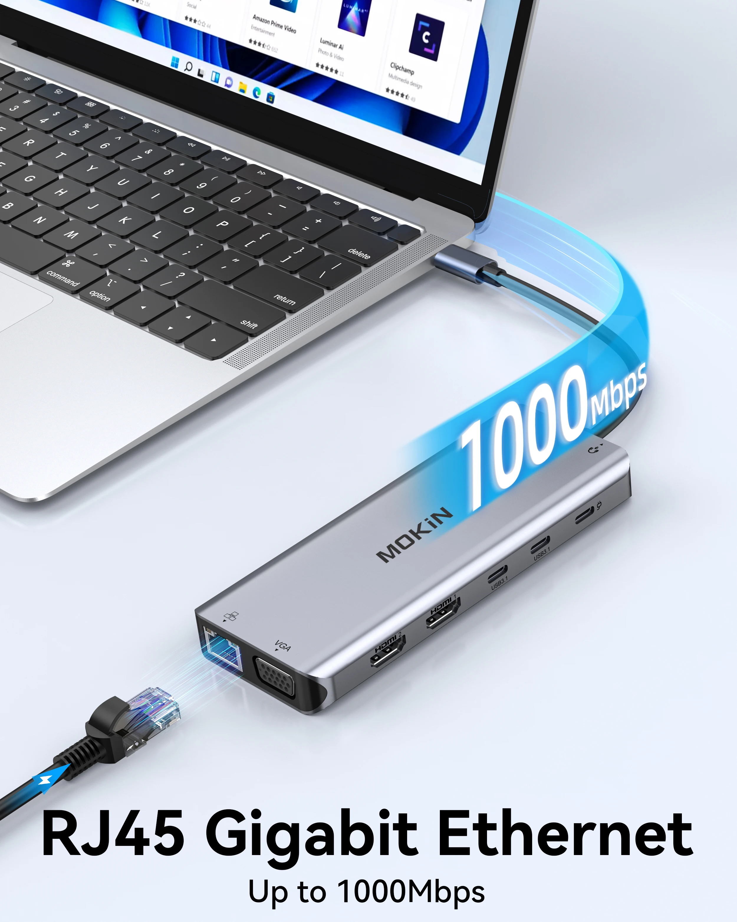 MOKiN 맥북 에어 프로 M2 M1 PC 액세서리용 USB C 허브, 기가비트 이더넷, USB 3.1, PD 100W 어댑터, 4K, 60Hz, HDMI DP VGA