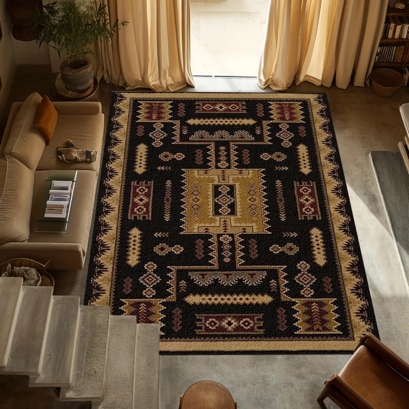 Vintage Ethnic Area Rug for Living Room Bohemian Geometric Pattern with Warm Tones Non Slip Underfoot Perfect for Home Decor