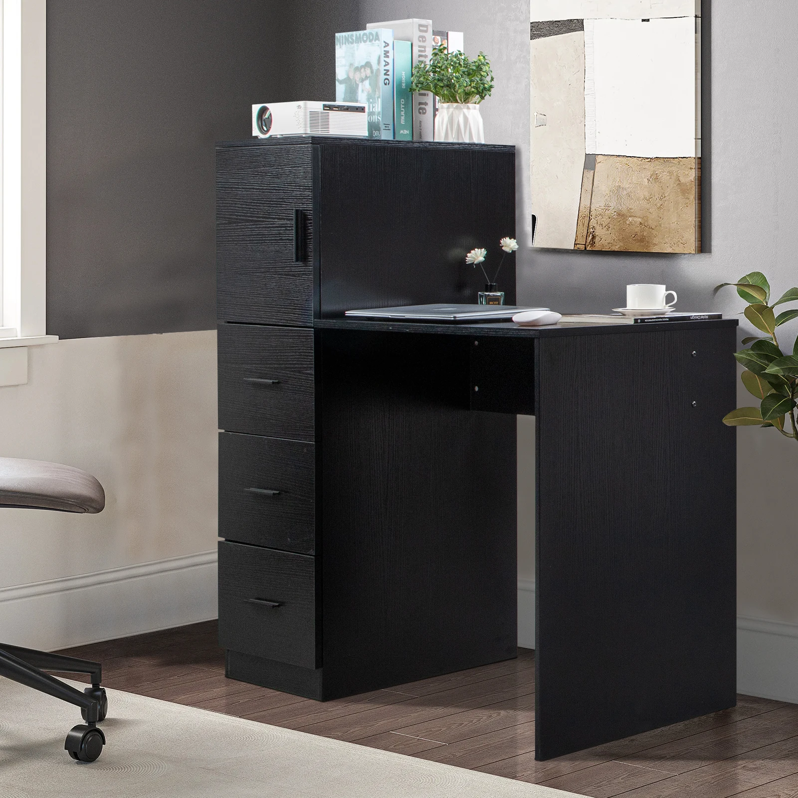 Embossed particle board with melamine H-type 104.5*49*120cm, one door and three drawers, computer desk, 2 USBs, 2 power sockets