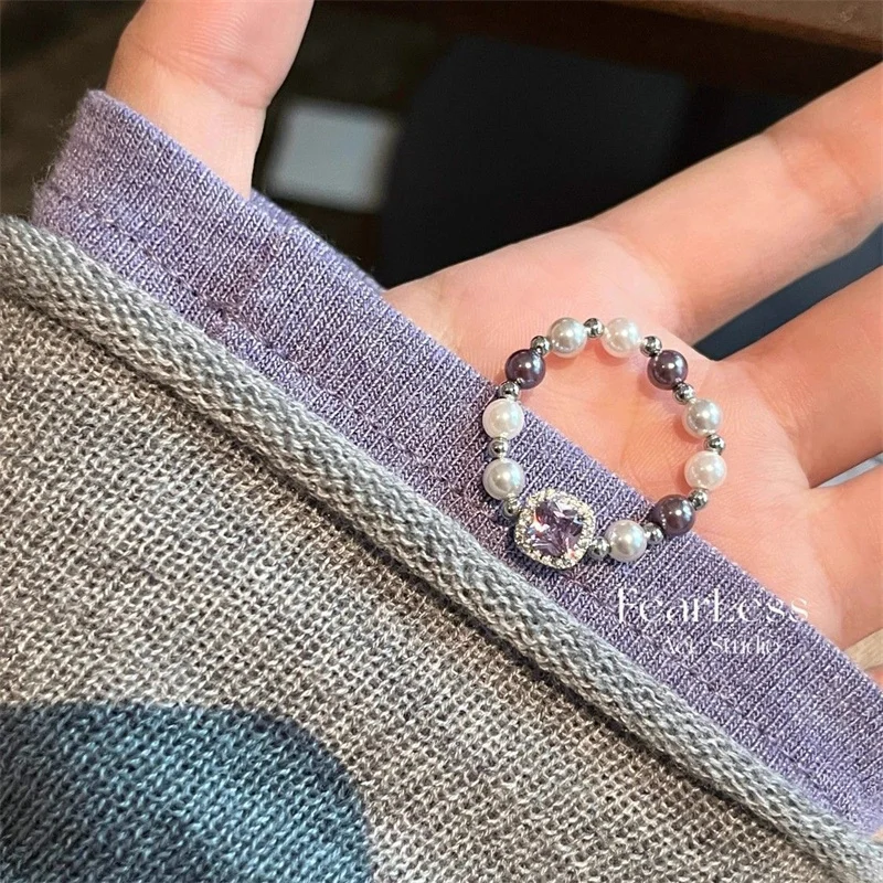Exquisite Purple Zircon Square Rings For Women Lady Minimalist Multicolor Pearl Bead Elastic Rope Ring Party Casual Jewelry Gift
