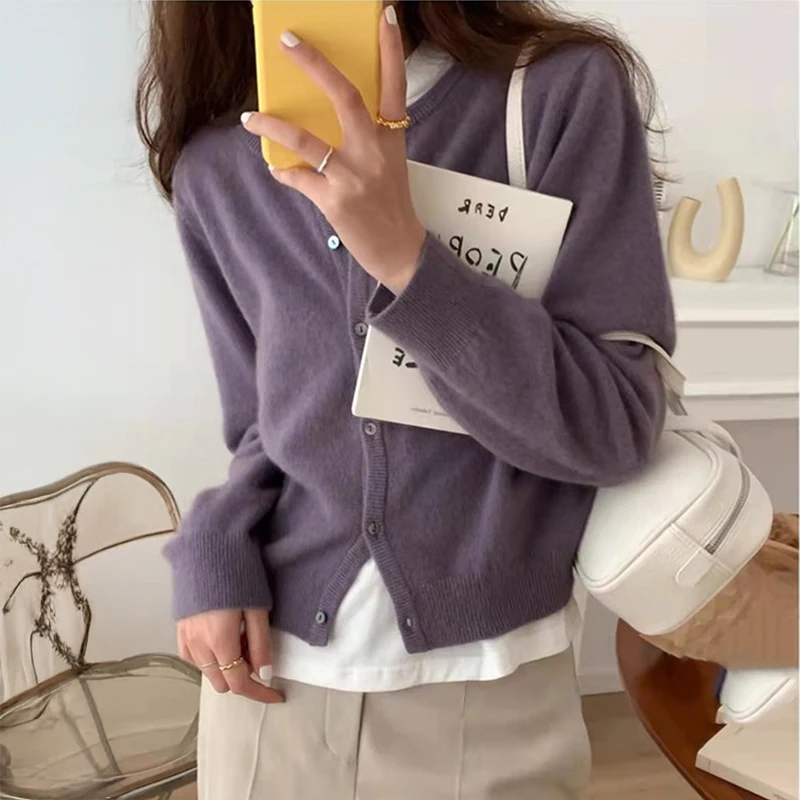 

Knitted Cardigan Women Single Breasted Long Sleeve Round Neck Button Down Sweater Jacket Cardi Teen-girl Daily Basic Outfit