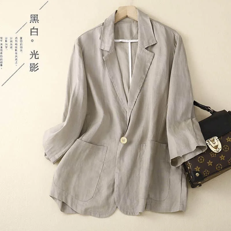 Cotton Linen Blazers for Women Vintage Long Sleeve Casual Korean Style Outerwears Mid Length Tailored Collar Coats Women Tops