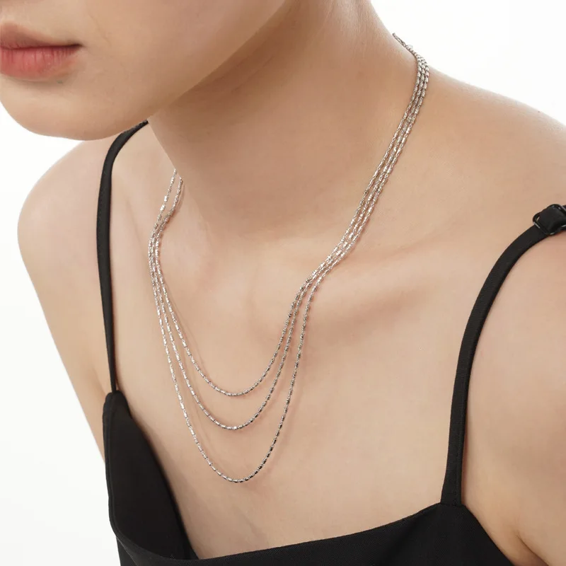 Multi-Layer Wrap Necklace Crushed Silver, S925 Sterling Silver Collarbone Chain Jewelry