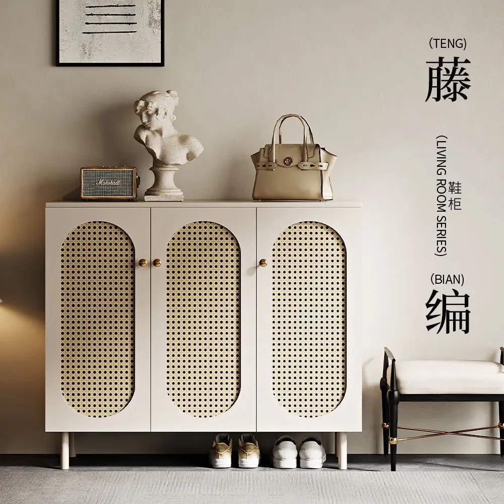 Luxury large-capacity rattan shoe cabinet with integrated light, used for home door corridor storage wall entrance shoe rack
