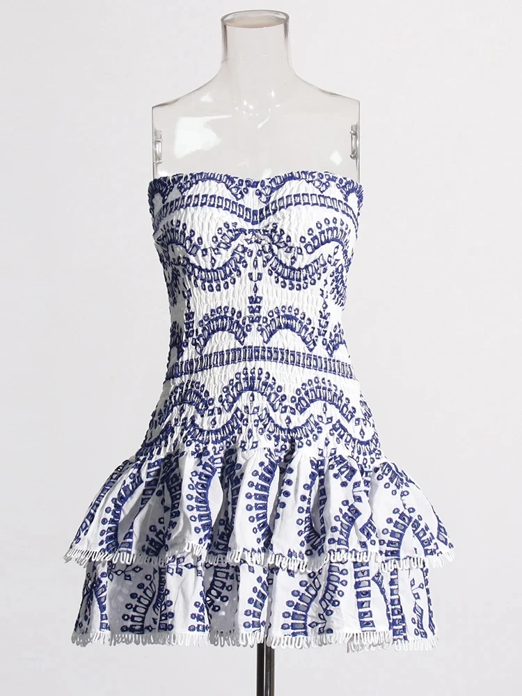 Temperament Patchwork Ruffles Dresses For Women Strapless Sleeveless High Waist Solid Folds Summer Mini Dress Female New