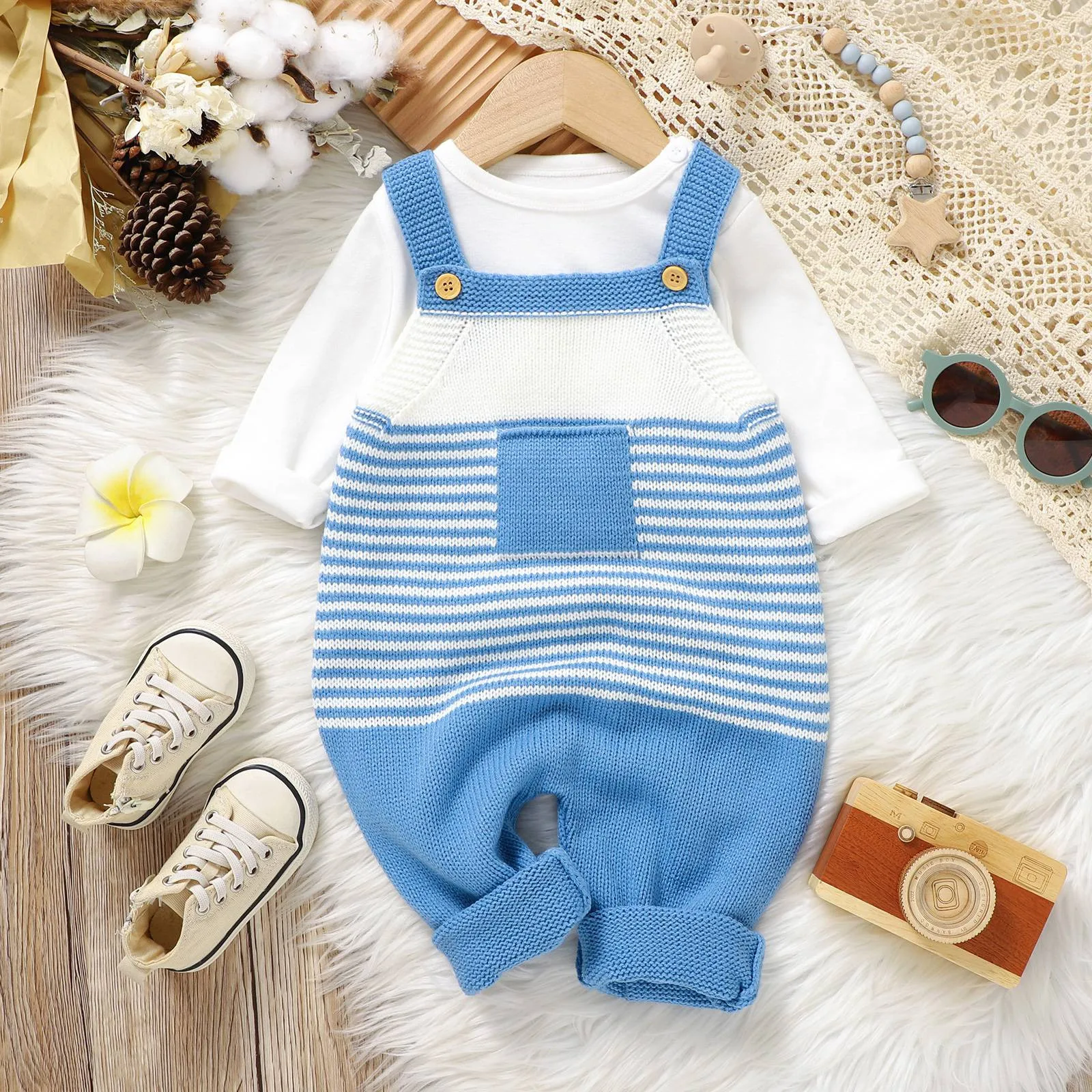 Autumn Ma&baby 0-18M Newborn Infant Toddler Baby Boy Girl Jumpsuit Knit Striped Overalls Sweaters Romper Fall Spring Clothes